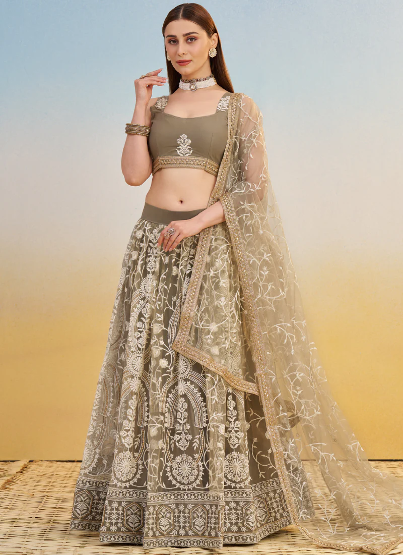 Designer Sequence Embroidered Brown Net Lehenga Choli For Party - Image 4