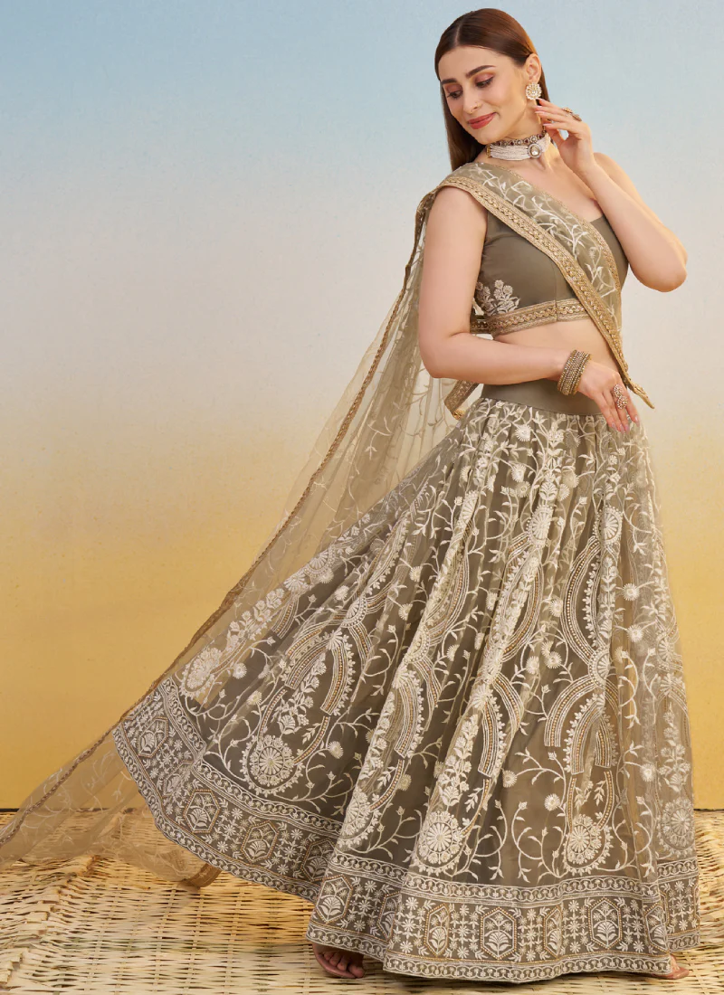 Designer Sequence Embroidered Brown Net Lehenga Choli For Party - Image 5