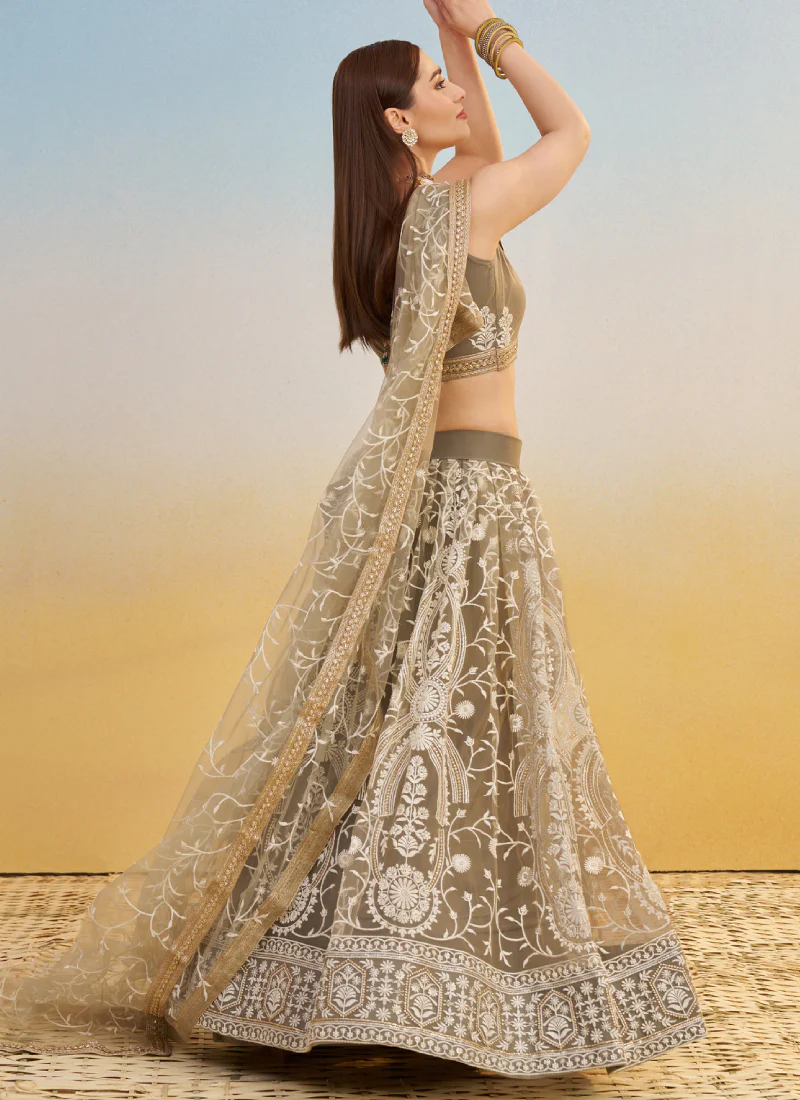 Designer Sequence Embroidered Brown Net Lehenga Choli For Party - Image 6