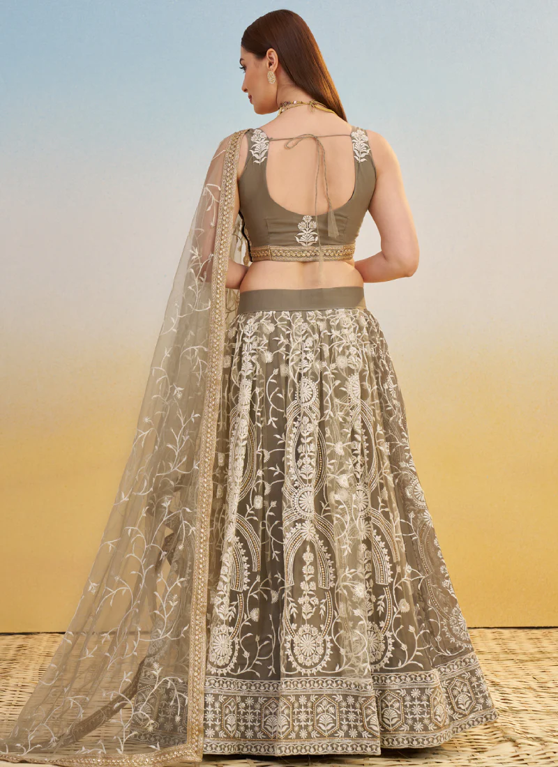 Designer Sequence Embroidered Brown Net Lehenga Choli For Party - Image 7