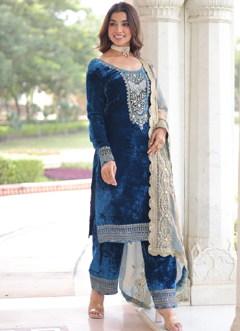 Designer Sequence Embroidered Velvet Blue Pant Kurti With Dupatta Set - Image 10