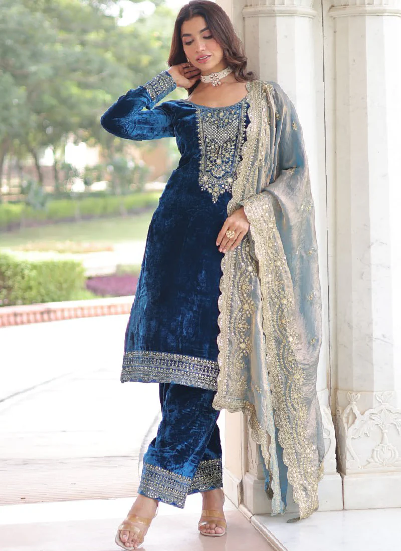 Designer Sequence Embroidered Velvet Blue Pant Kurti With Dupatta Set - Image 3