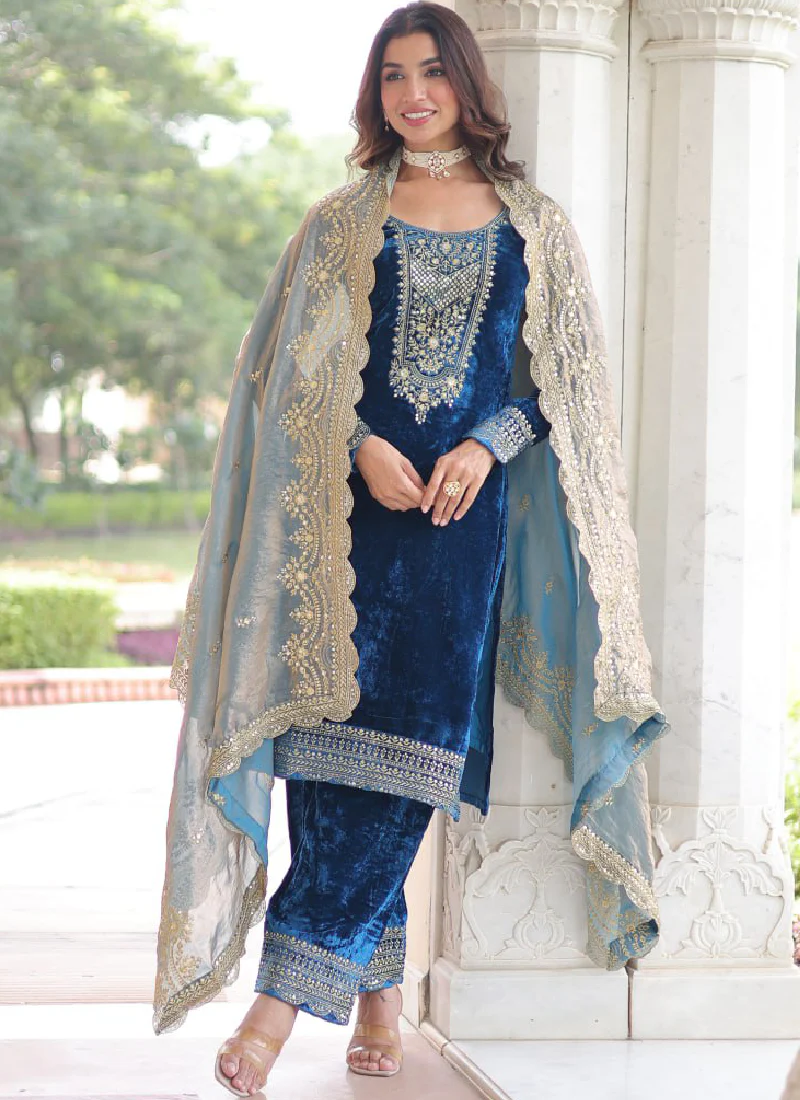 Designer Sequence Embroidered Velvet Blue Pant Kurti With Dupatta Set - Image 4