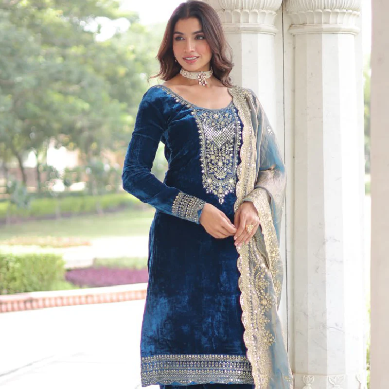 Designer Sequence Embroidered Velvet Blue Pant Kurti With Dupatta Set - Image 6