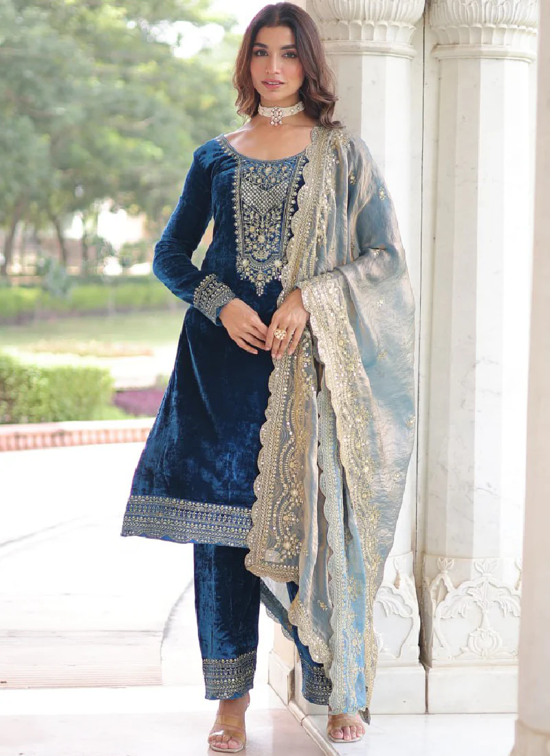 Designer Sequence Embroidered Velvet Blue Pant Kurti With Dupatta Set - Image 7