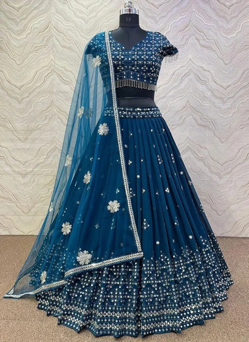 Designer Sequence Embroidery Work Teal Blue Georgette Lehenga Choli - Image 3