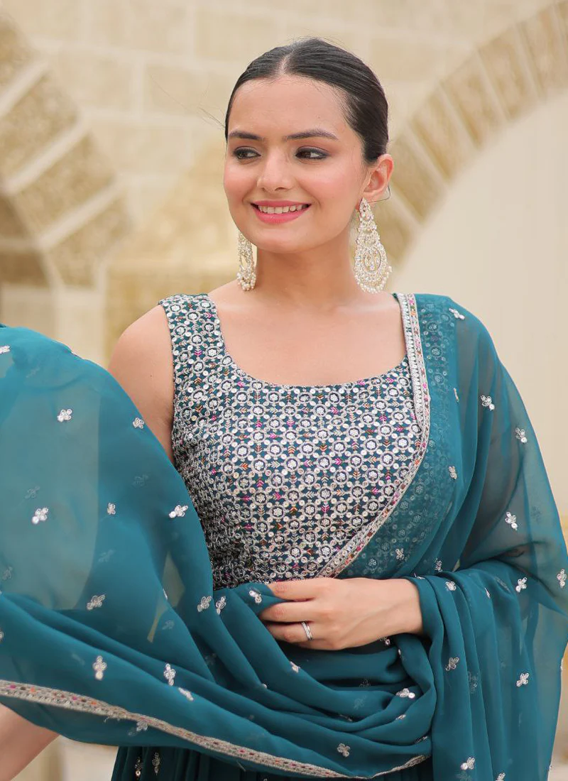 Designer Teal Blue Party Wear Georgette Embroidered Lehenga Choli - Image 3