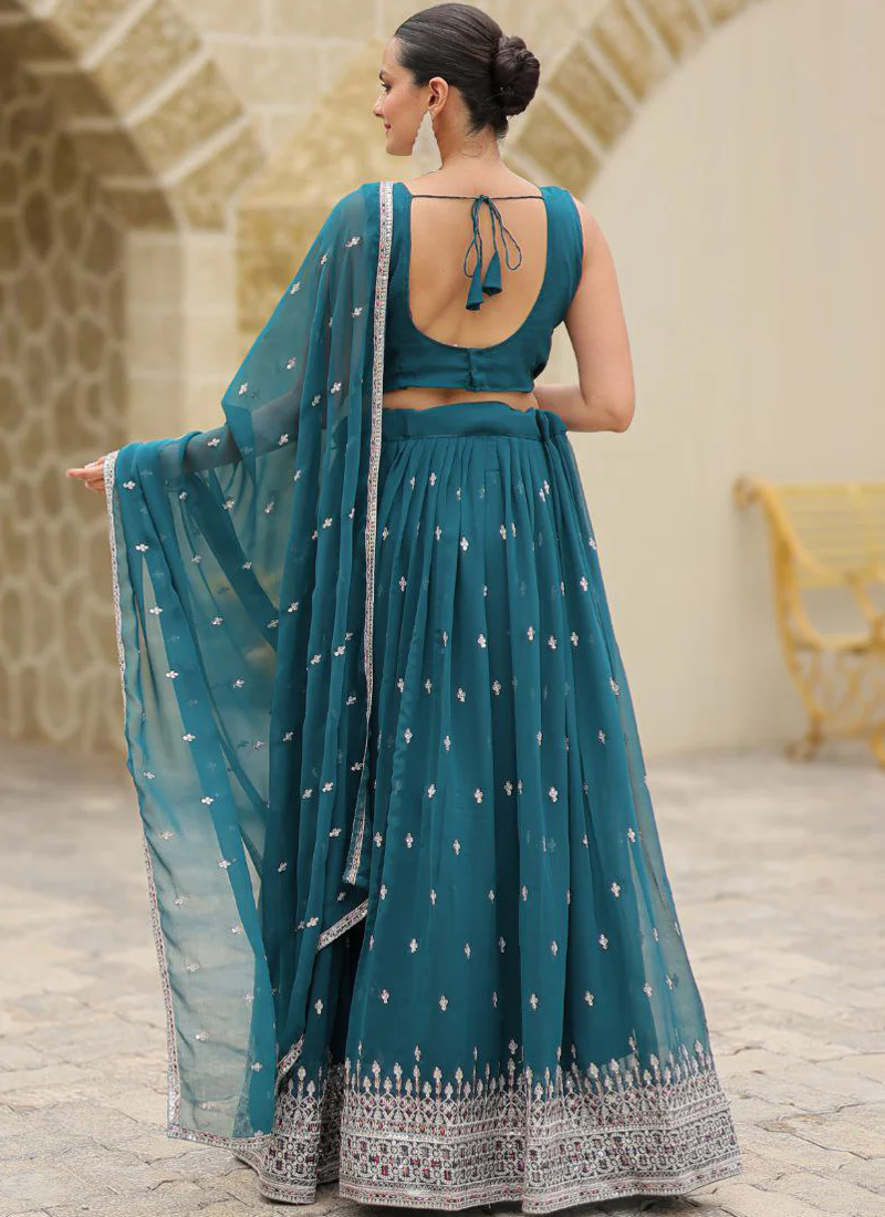 Designer Teal Blue Party Wear Georgette Embroidered Lehenga Choli - Image 4