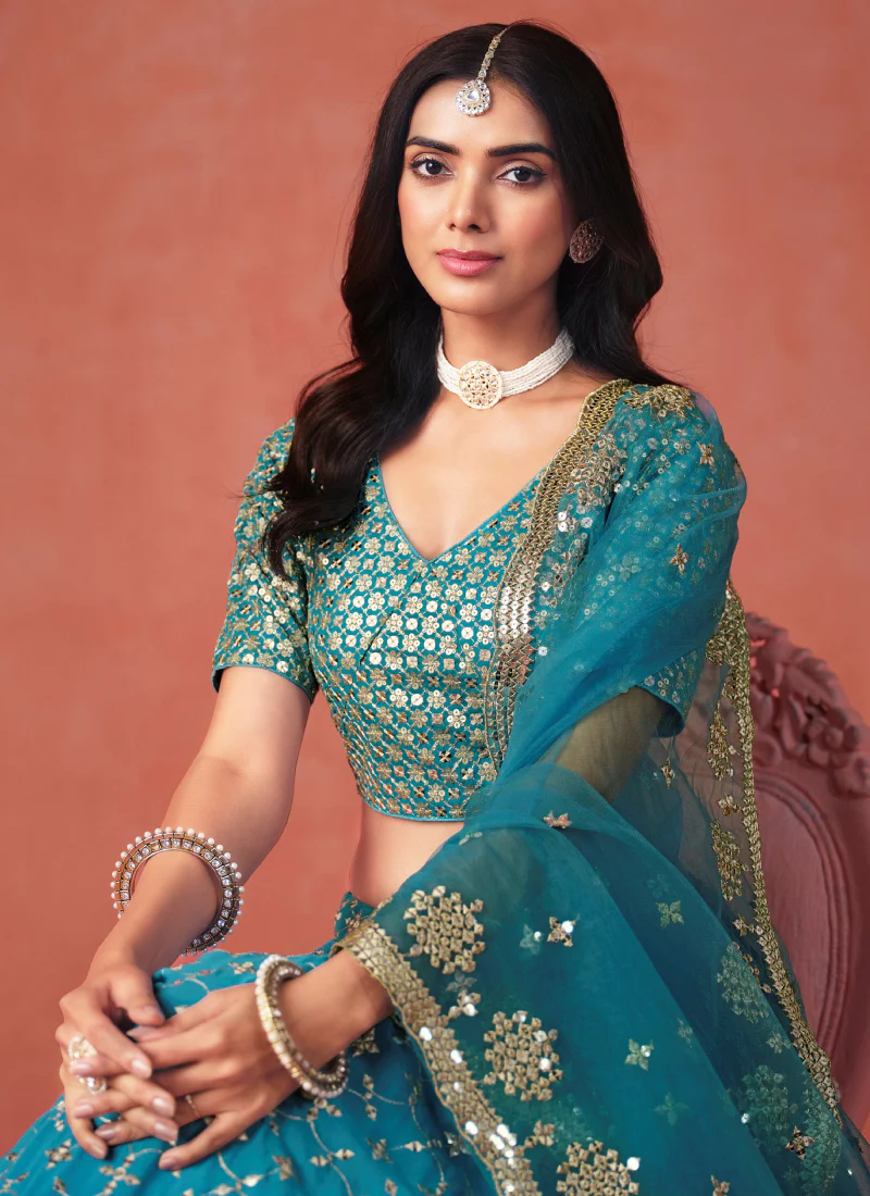 Designer Teal Blue Sequence Embroidery Work Georgette Lehenga Choli - Image 2