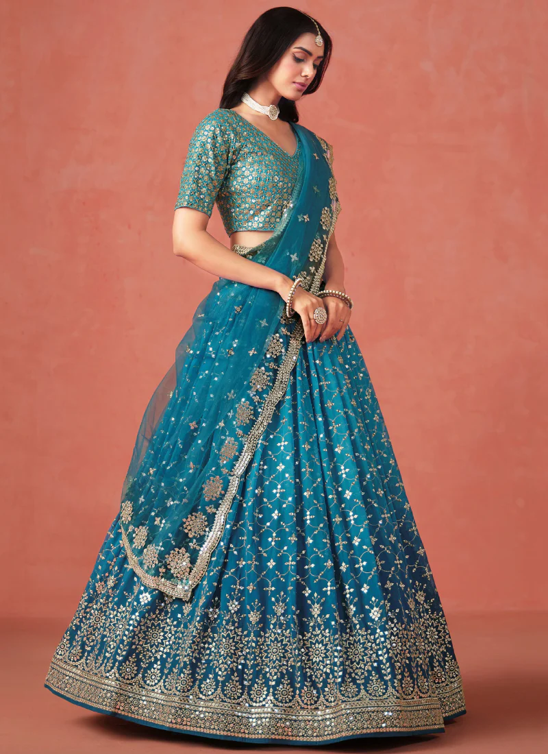 Designer Teal Blue Sequence Embroidery Work Georgette Lehenga Choli - Image 3