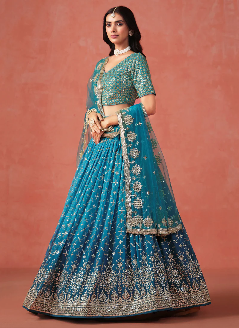 Designer Teal Blue Sequence Embroidery Work Georgette Lehenga Choli - Image 4