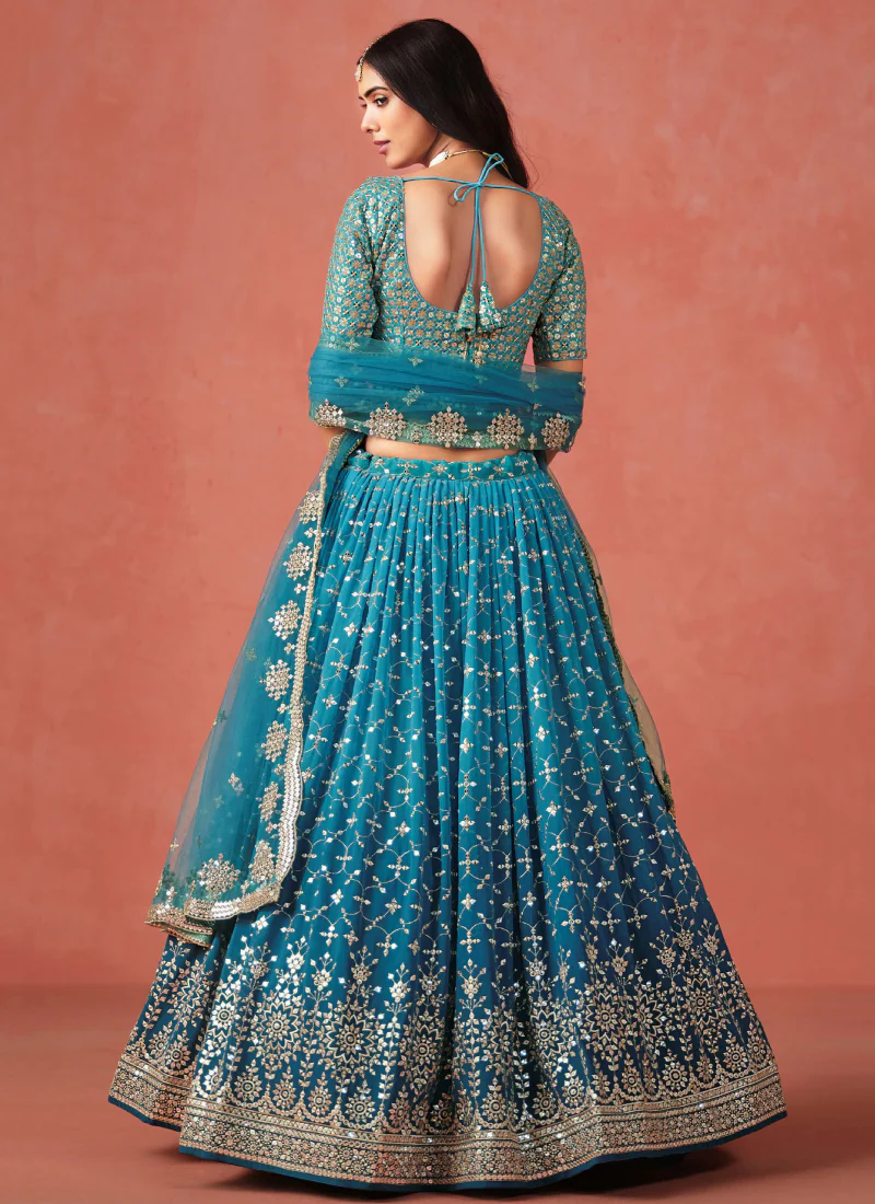 Designer Teal Blue Sequence Embroidery Work Georgette Lehenga Choli - Image 6