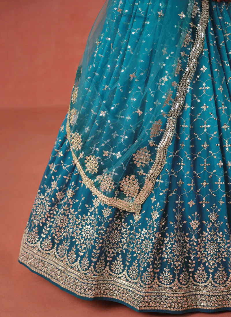 Designer Teal Blue Sequence Embroidery Work Georgette Lehenga Choli - Image 8
