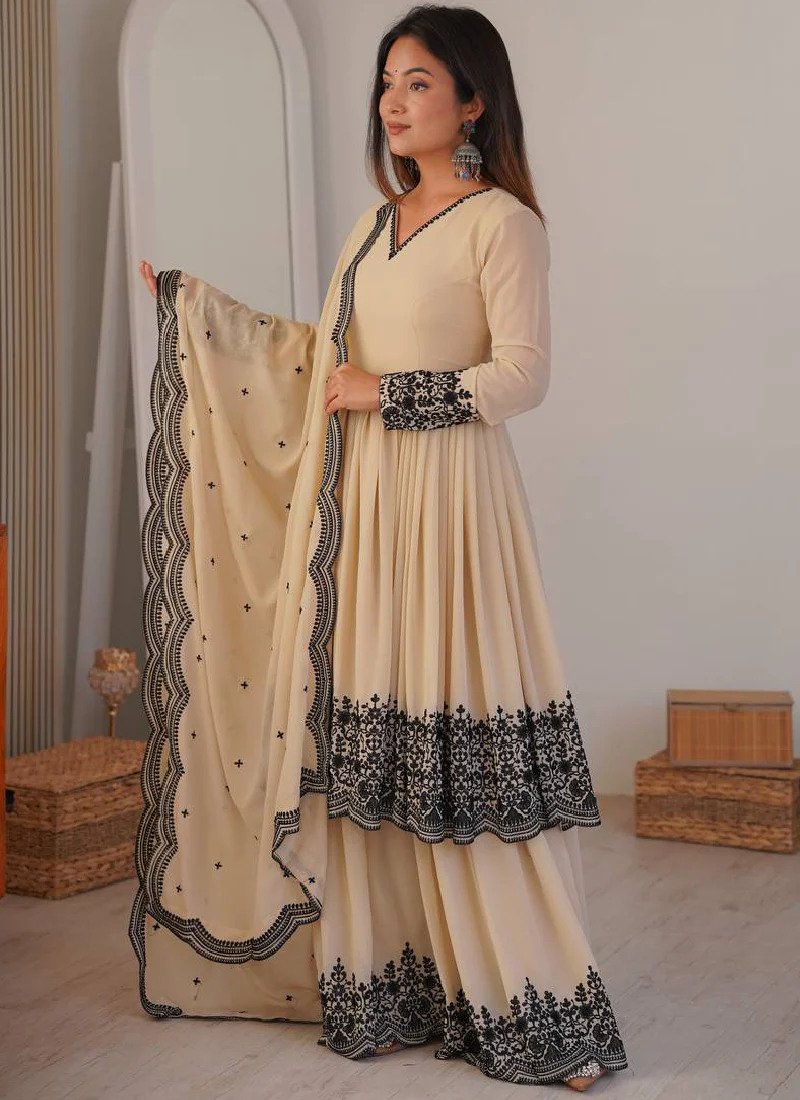 Designer Thread Embroidered Georgette Beige Sharara Suit For Wedding - Image 5
