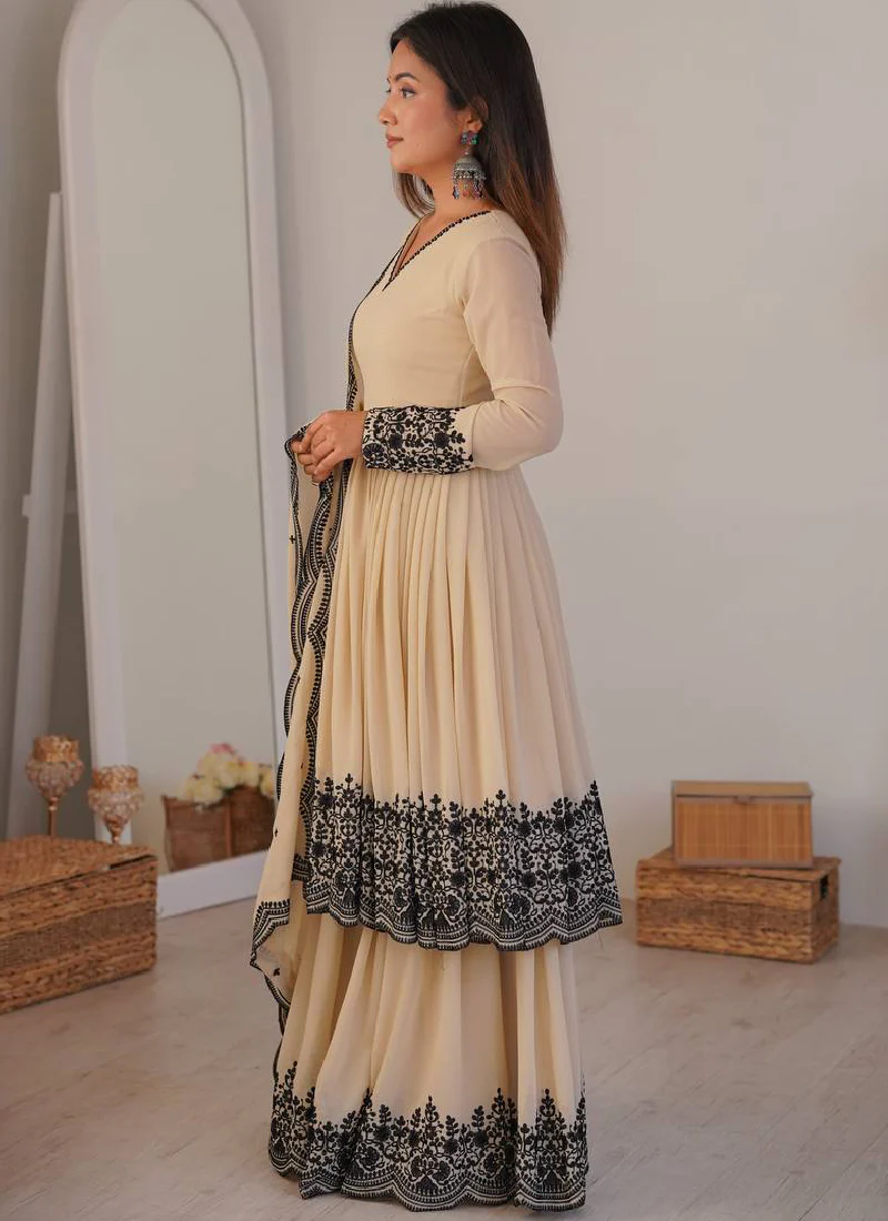 Designer Thread Embroidered Georgette Beige Sharara Suit For Wedding - Image 6