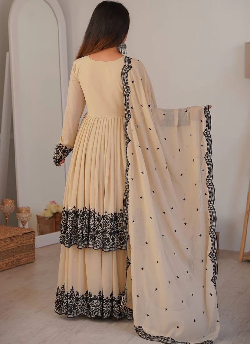 Designer Thread Embroidered Georgette Beige Sharara Suit For Wedding - Image 7