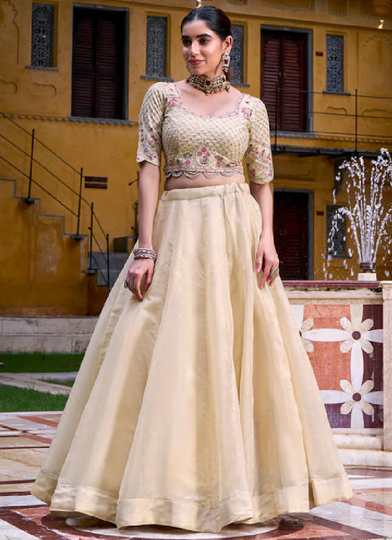 Designer Thread Embroidered Off White Raspberry Silk Lehenga Choli Set - Image 4