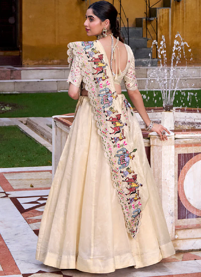 Designer Thread Embroidered Off White Raspberry Silk Lehenga Choli Set - Image 5