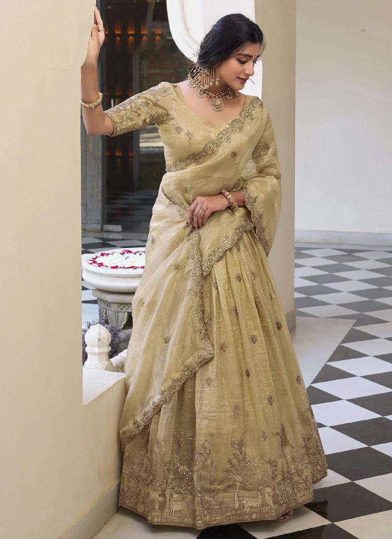 Designer Thread Embroidered Silk Cream Lehenga Choli With Dupatta - Image 2