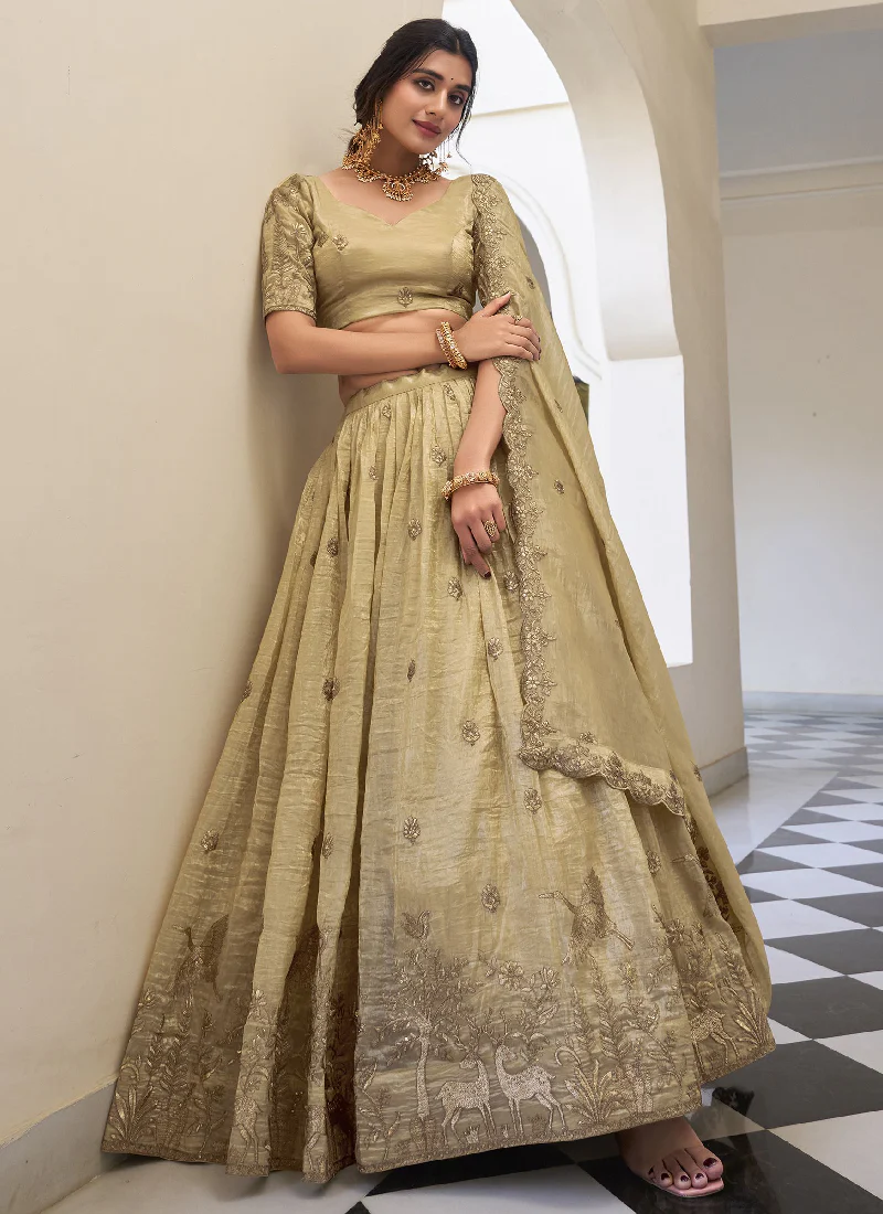 Designer Thread Embroidered Silk Cream Lehenga Choli With Dupatta - Image 3