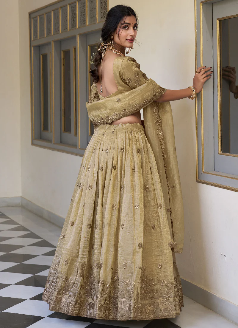 Designer Thread Embroidered Silk Cream Lehenga Choli With Dupatta - Image 4