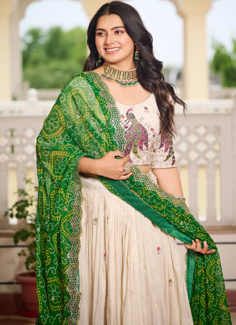 Designer Tissue Silk Green And Cream Sequence Work Lehenga Choli Set - Image 2