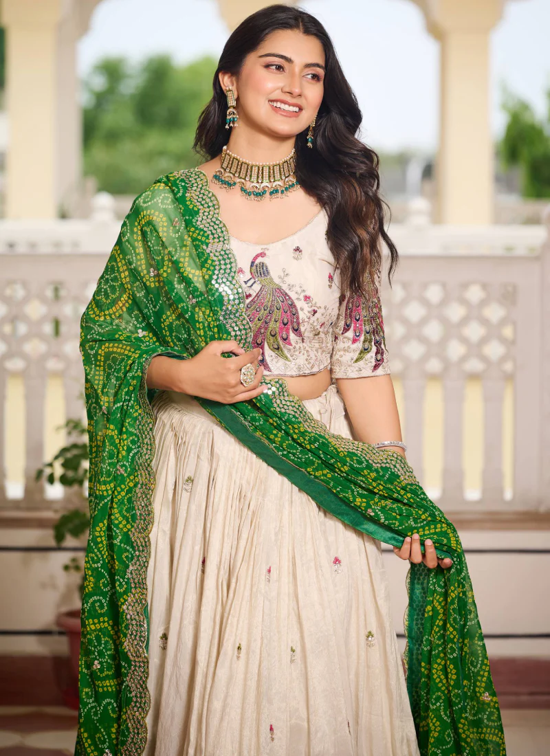 Designer Tissue Silk Green And Cream Sequence Work Lehenga Choli Set - Image 3
