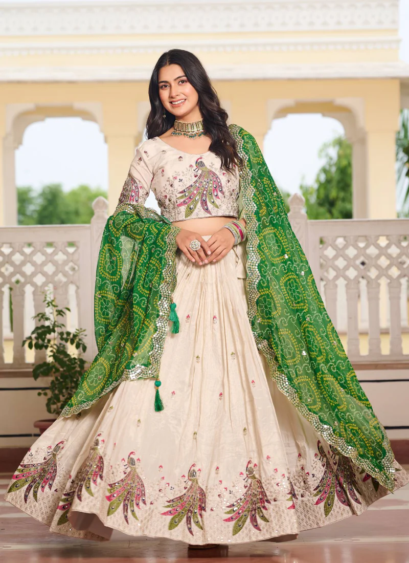 Designer Tissue Silk Green And Cream Sequence Work Lehenga Choli Set - Image 4
