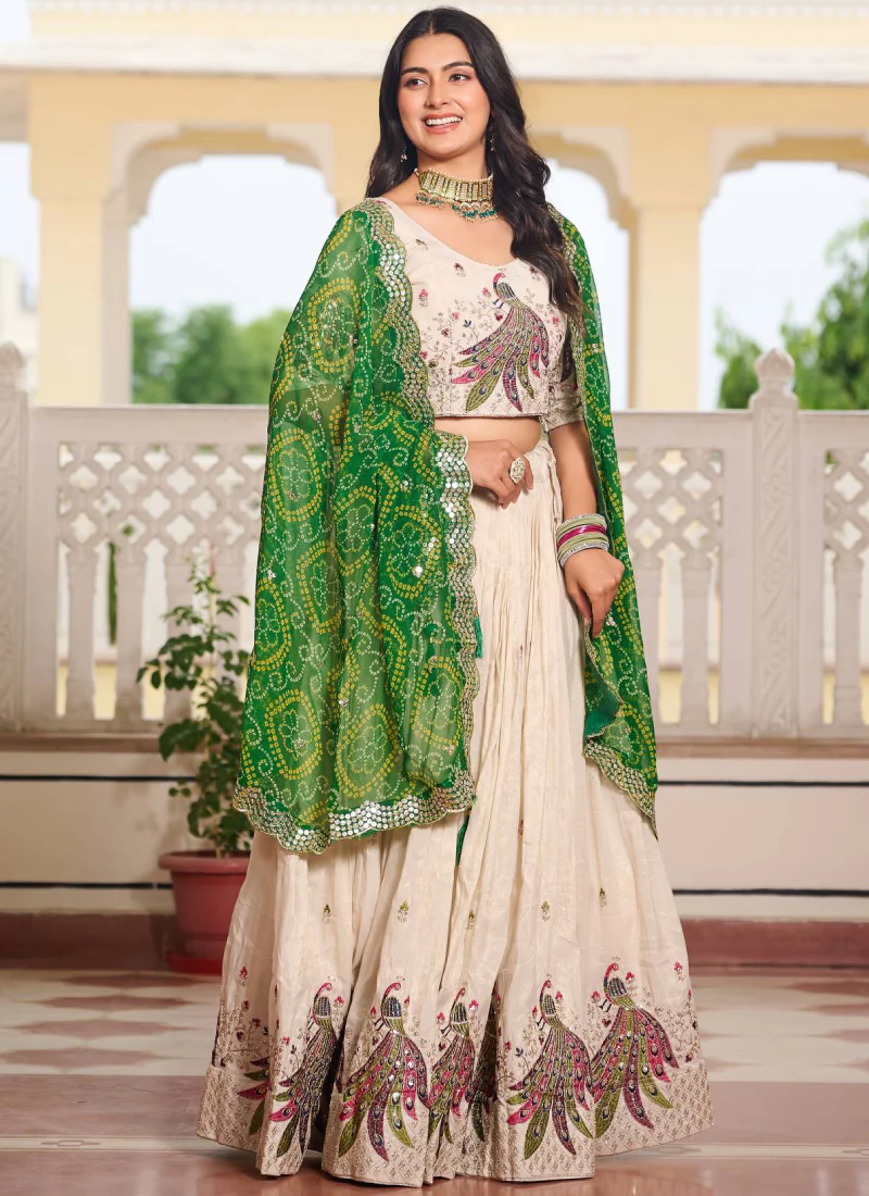 Designer Tissue Silk Green And Cream Sequence Work Lehenga Choli Set - Image 5
