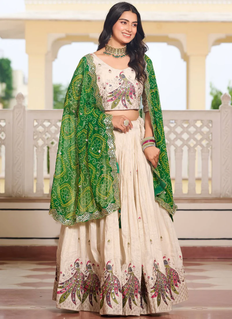 Designer Tissue Silk Green And Cream Sequence Work Lehenga Choli Set - Image 6