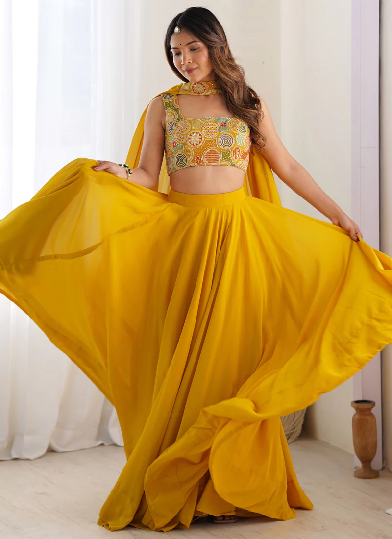 Designer Yellow Haldi Special Georgette Lehenga Choli With Dupatta Set - Image 2