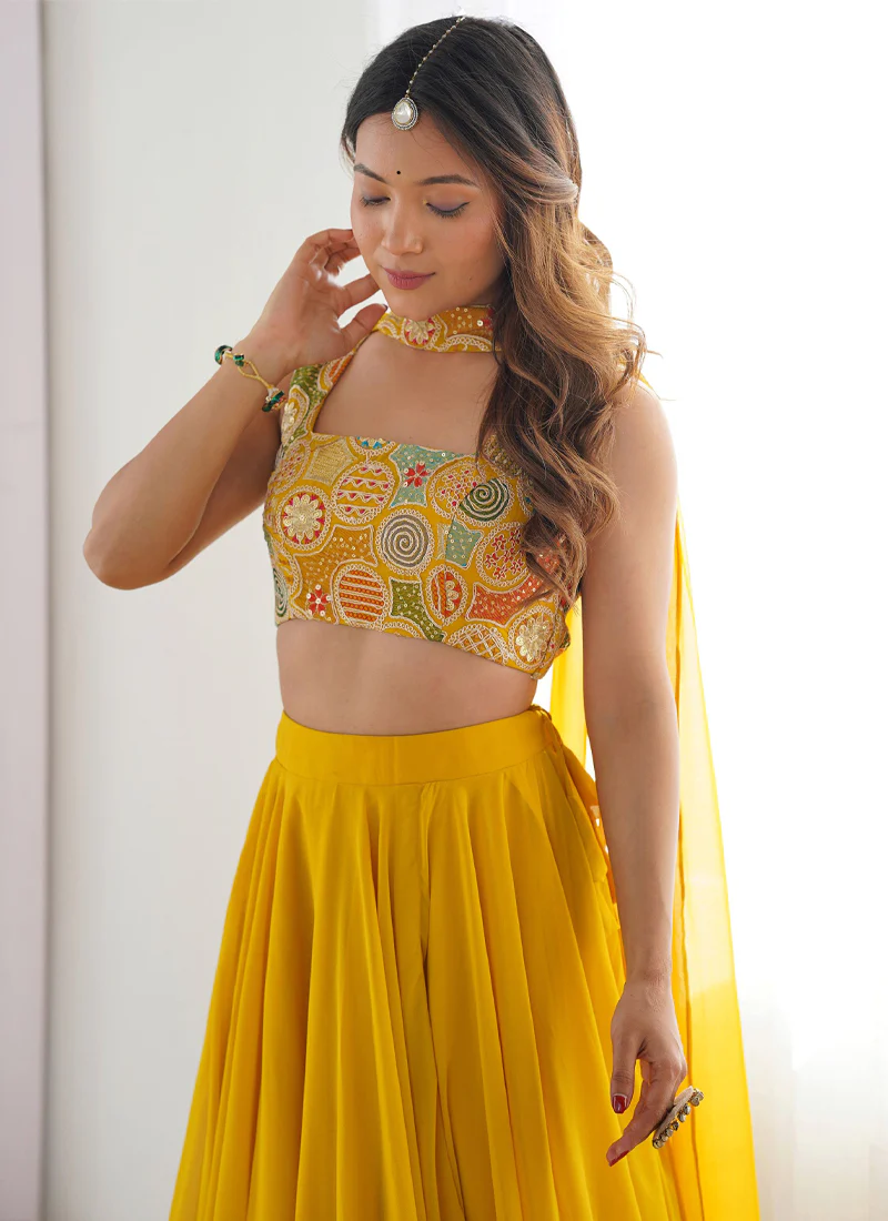 Designer Yellow Haldi Special Georgette Lehenga Choli With Dupatta Set - Image 5
