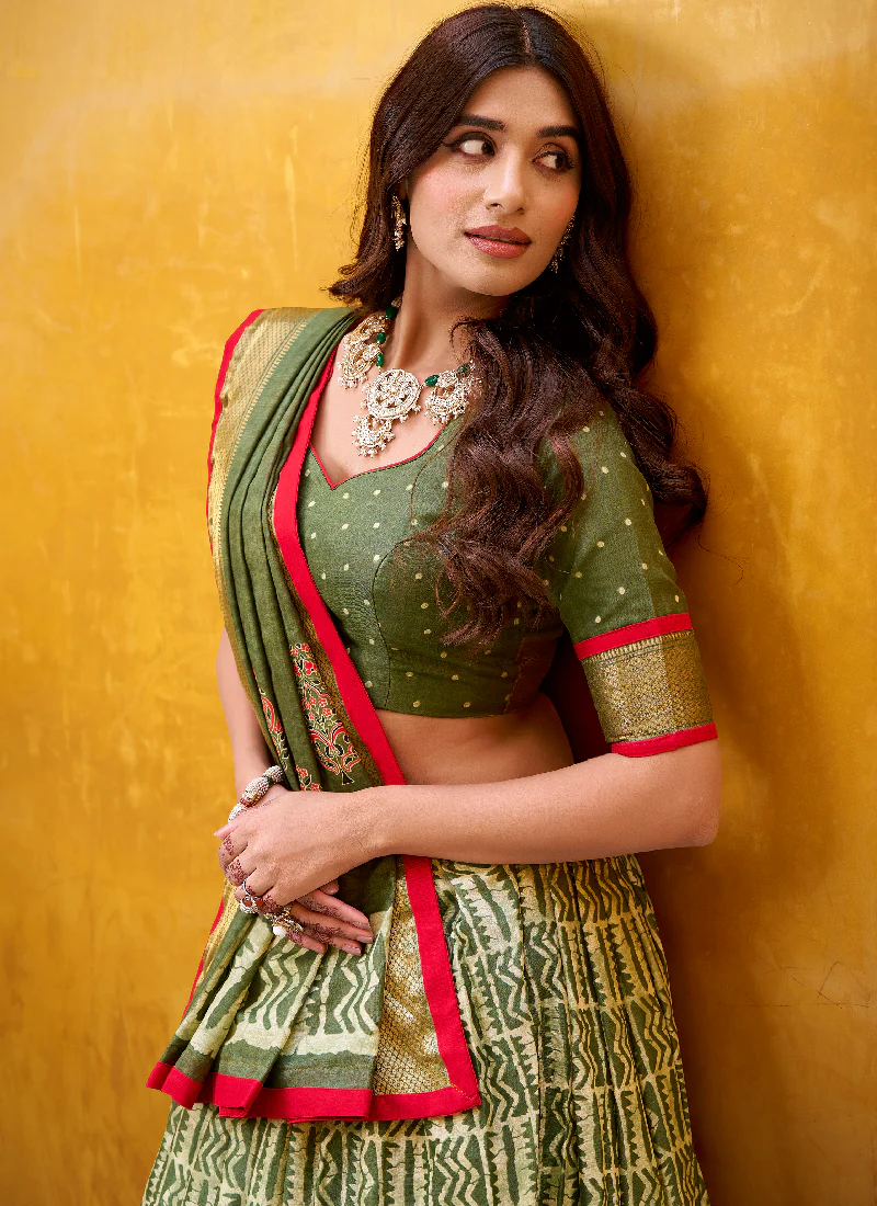 Designer Zari Weaving Dola Silk Batik Print Special Mehndi Lehenga Choli - Image 2