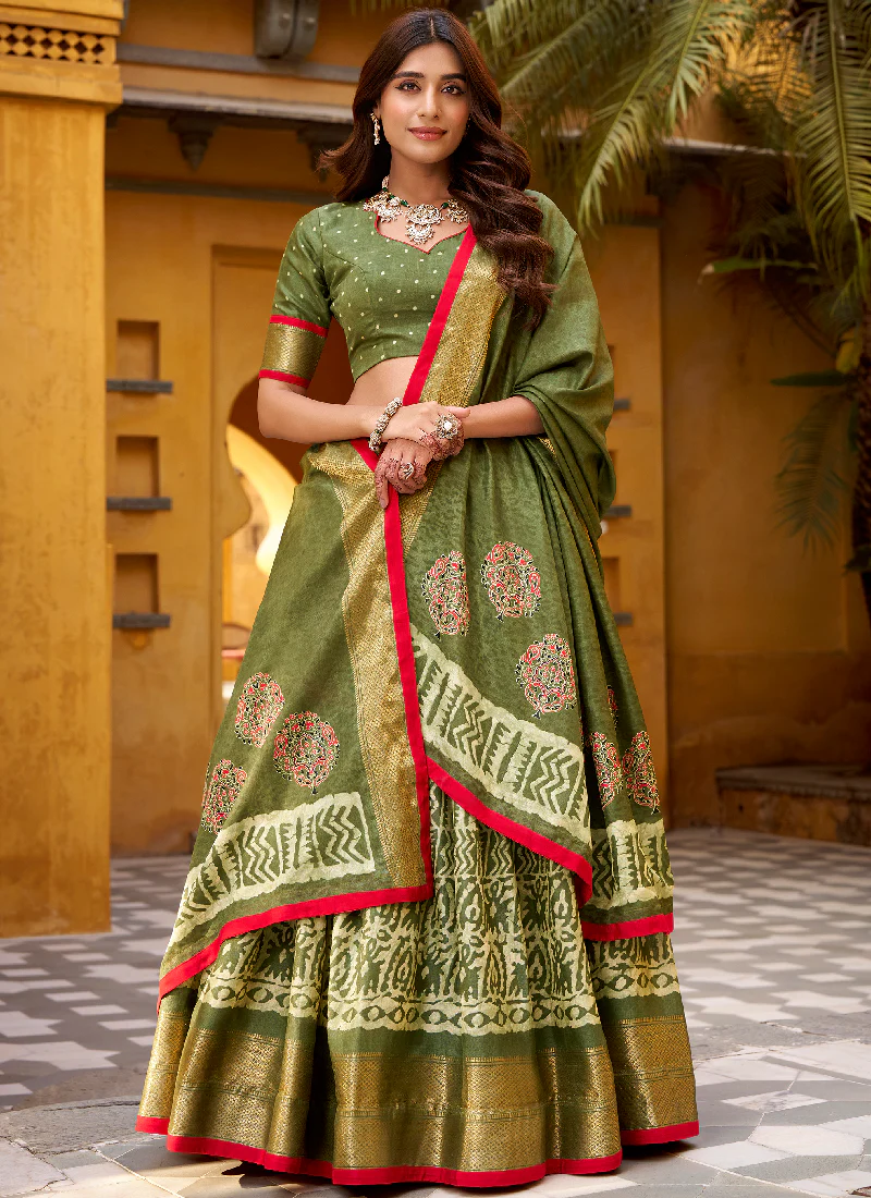 Designer Zari Weaving Dola Silk Batik Print Special Mehndi Lehenga Choli - Image 3