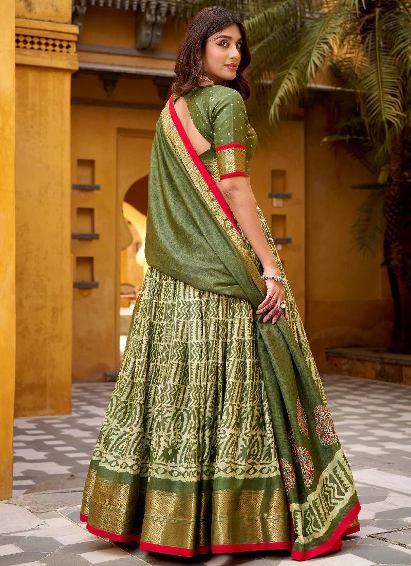 Designer Zari Weaving Dola Silk Batik Print Special Mehndi Lehenga Choli - Image 5
