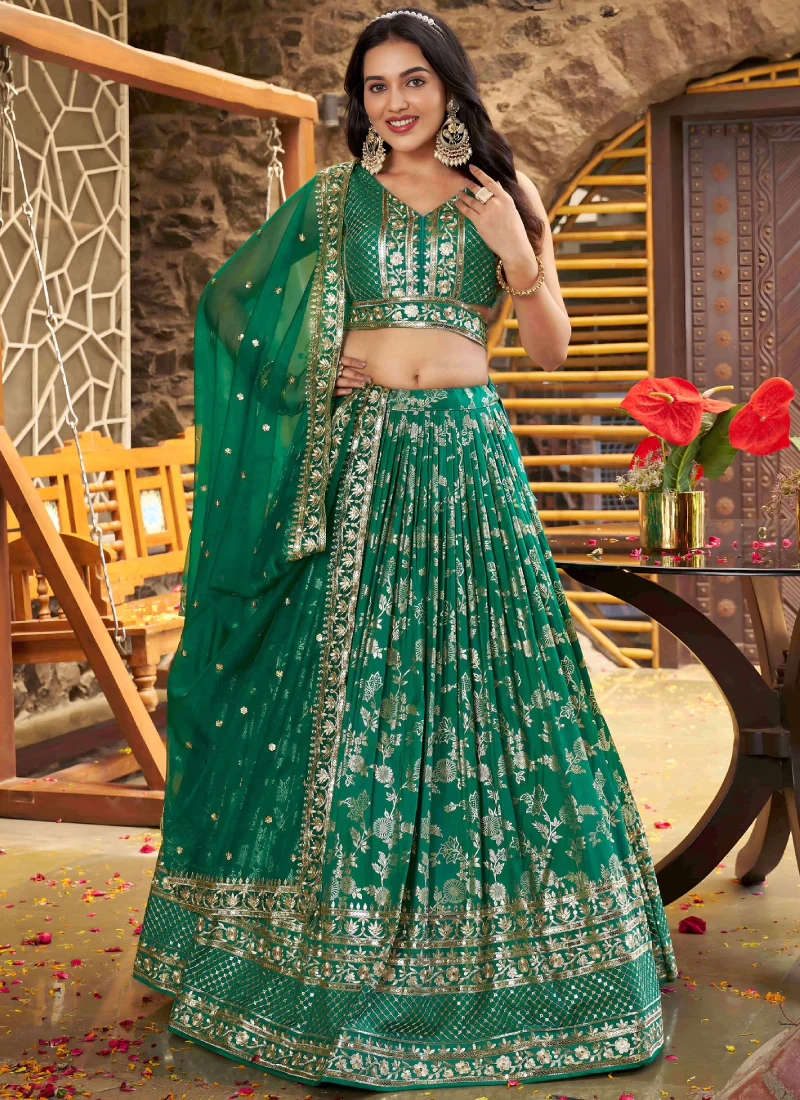 Designer Zari Weaving Embroidered Silk Rama Green Lehenga Choli