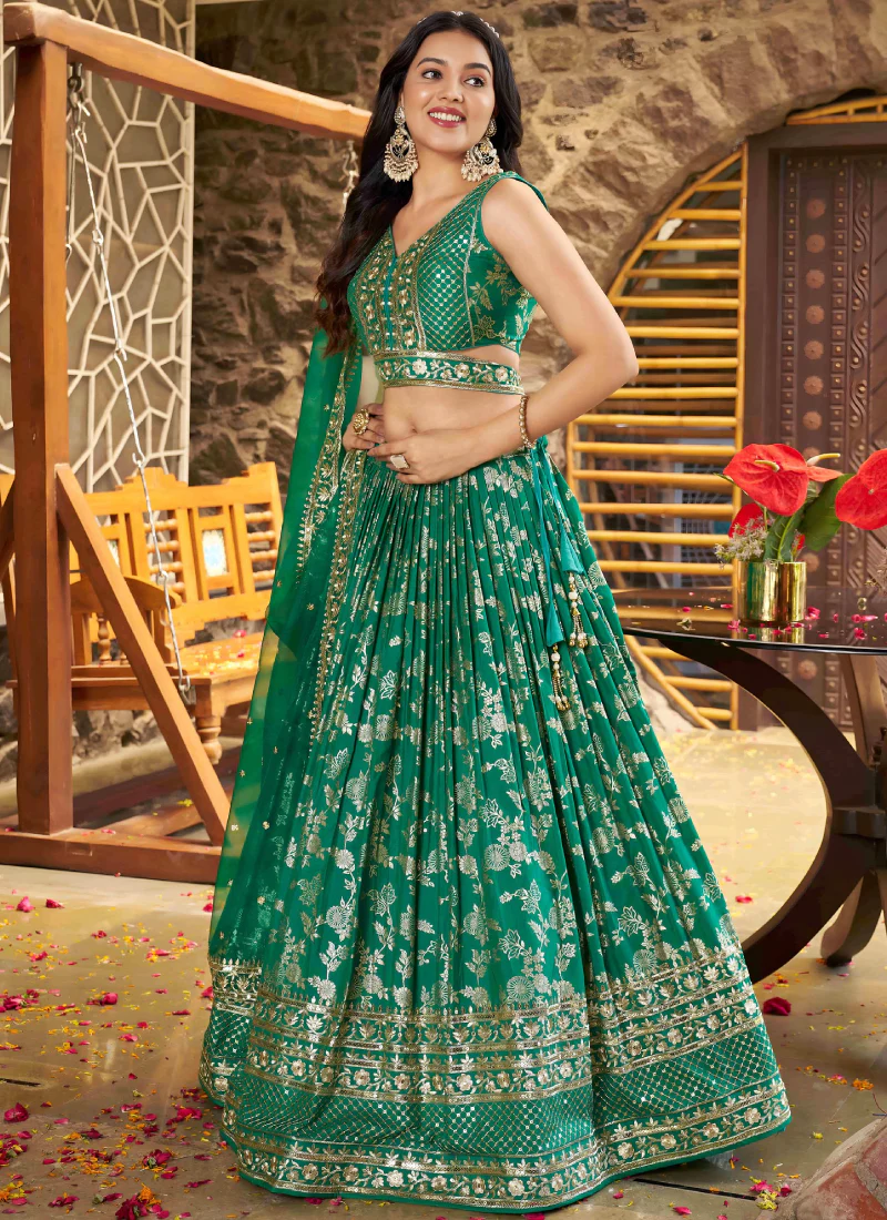 Designer Zari Weaving Embroidered Silk Rama Green Lehenga Choli - Image 3