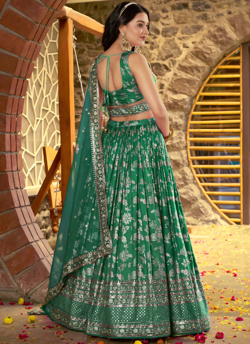 Designer Zari Weaving Embroidered Silk Rama Green Lehenga Choli - Image 5