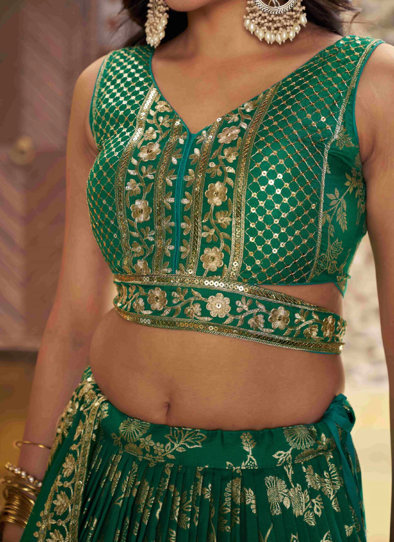 Designer Zari Weaving Embroidered Silk Rama Green Lehenga Choli - Image 6