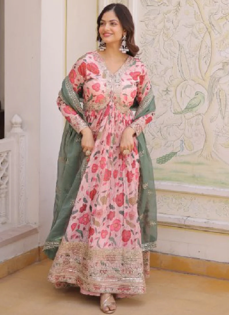 Digital Floral Printed Russian Silk Embroidered Pink Gown With Dupatta - Image 2