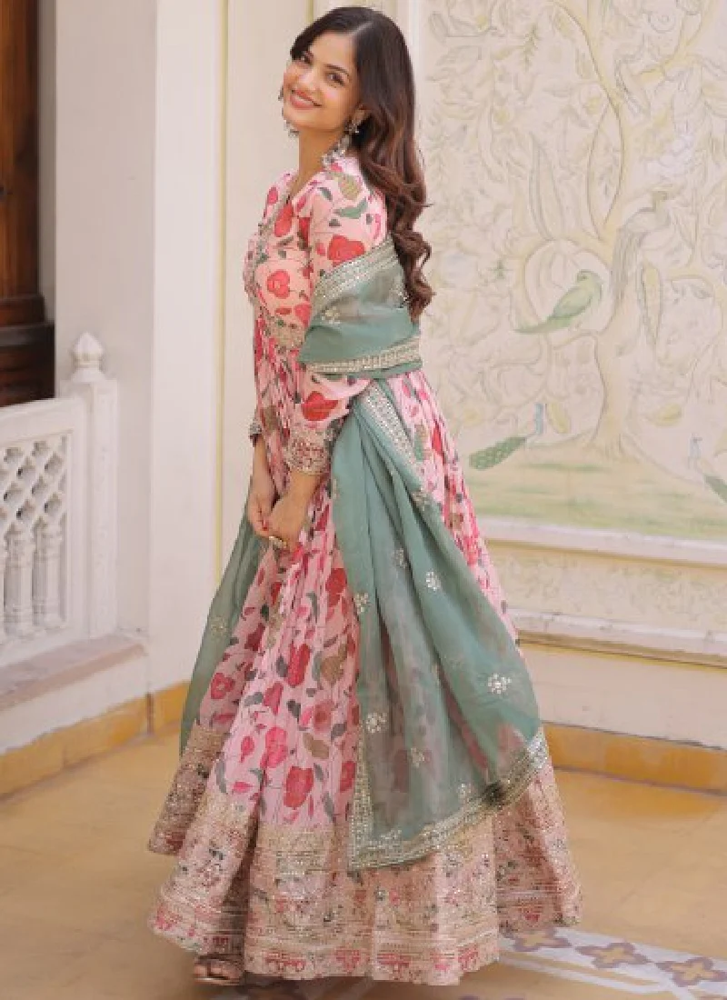 Digital Floral Printed Russian Silk Embroidered Pink Gown With Dupatta - Image 3