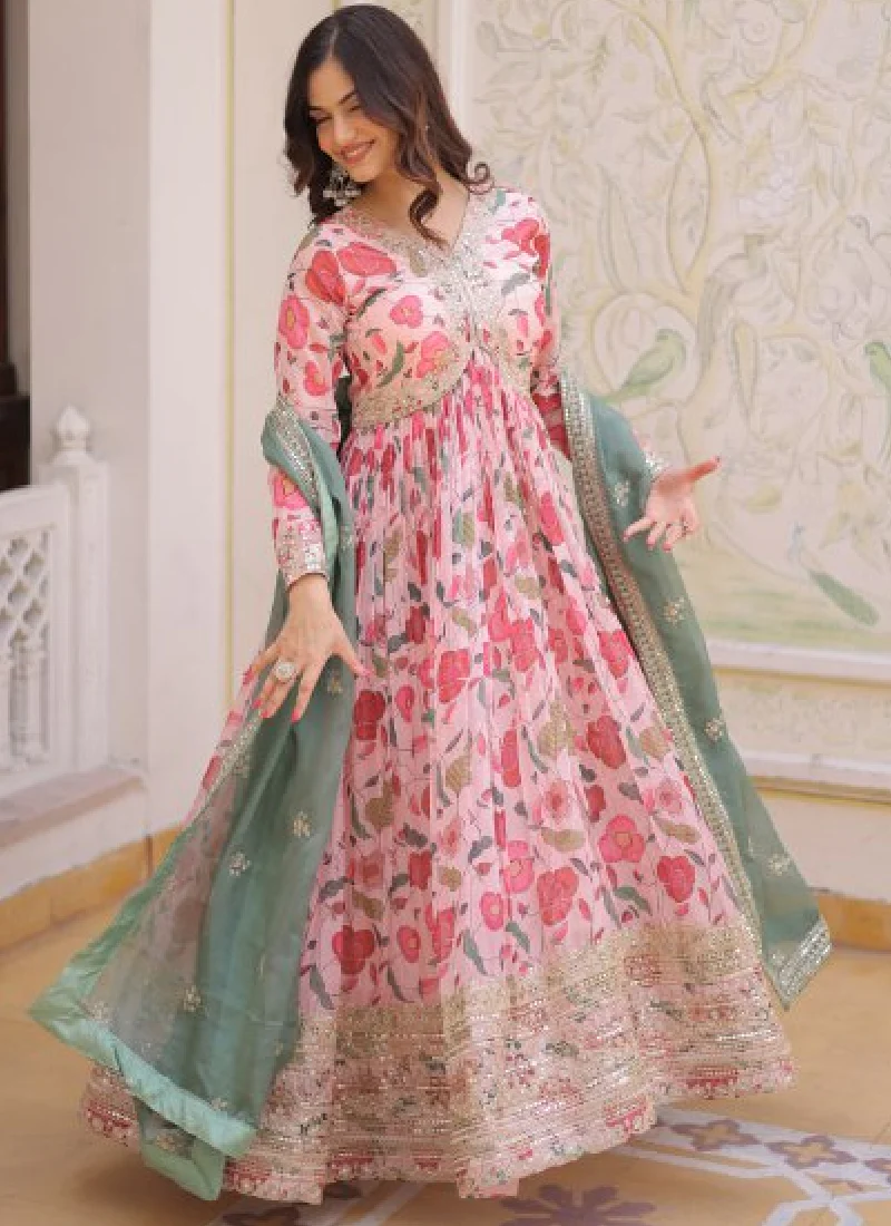 Digital Floral Printed Russian Silk Embroidered Pink Gown With Dupatta - Image 4