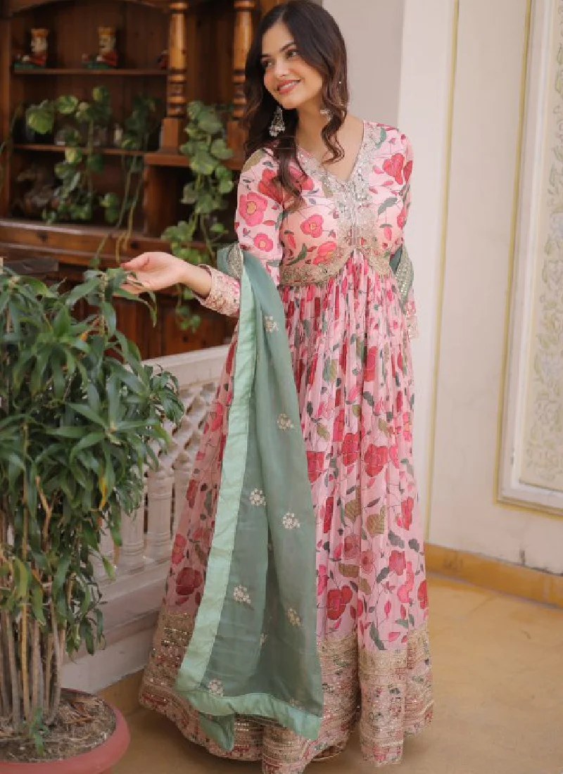 Digital Floral Printed Russian Silk Embroidered Pink Gown With Dupatta - Image 6