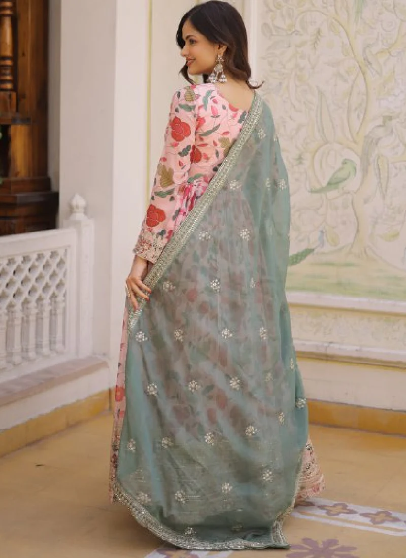 Digital Floral Printed Russian Silk Embroidered Pink Gown With Dupatta - Image 7