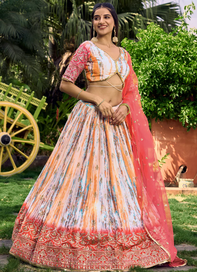 Digital Printed Chinon Silk White And Pink Wedding Wear Lehenga Choli - Image 2