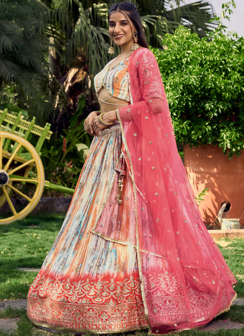 Digital Printed Chinon Silk White And Pink Wedding Wear Lehenga Choli - Image 3