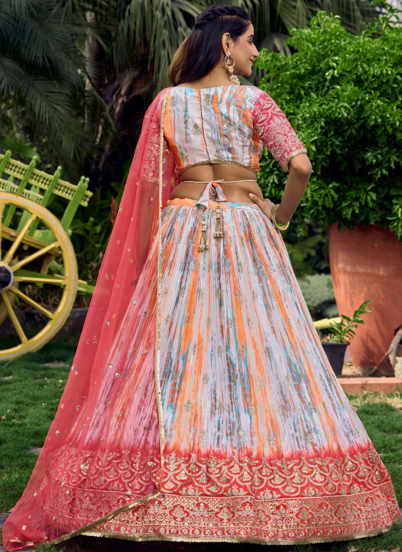 Digital Printed Chinon Silk White And Pink Wedding Wear Lehenga Choli - Image 4