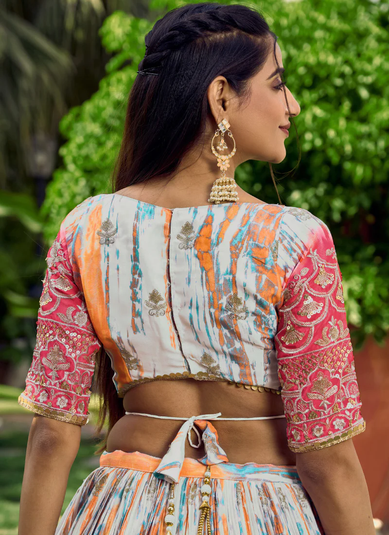 Digital Printed Chinon Silk White And Pink Wedding Wear Lehenga Choli - Image 7