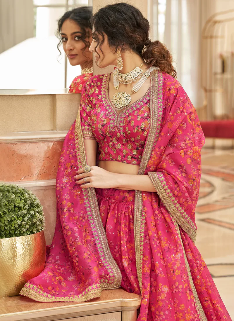 Digital Printed Pink Organza Zari Embroidered Lehenga Choli - Image 3