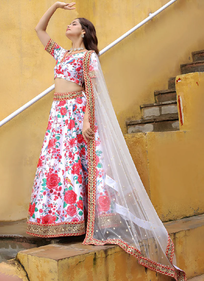 Dori Embroidered Digital Floral Printed Art Silk White Lehenga Choli - Image 4